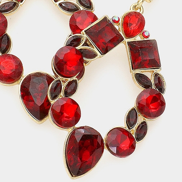 Gold Red Stone Dangle Earrings Square Teardrop Crystal Bling Statement Jewelry - Picture 2 of 2